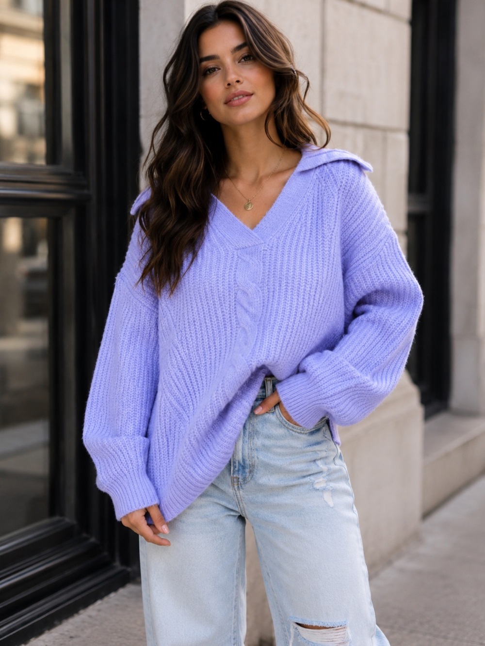 Boho Fabulous V Neck Purple Knit Sweater